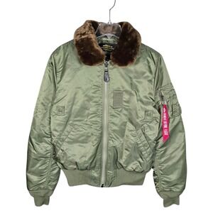 Alpha Industries Jacket Mens Medium B-15 Bomber Heritage Green Faux Fur Slim Fit